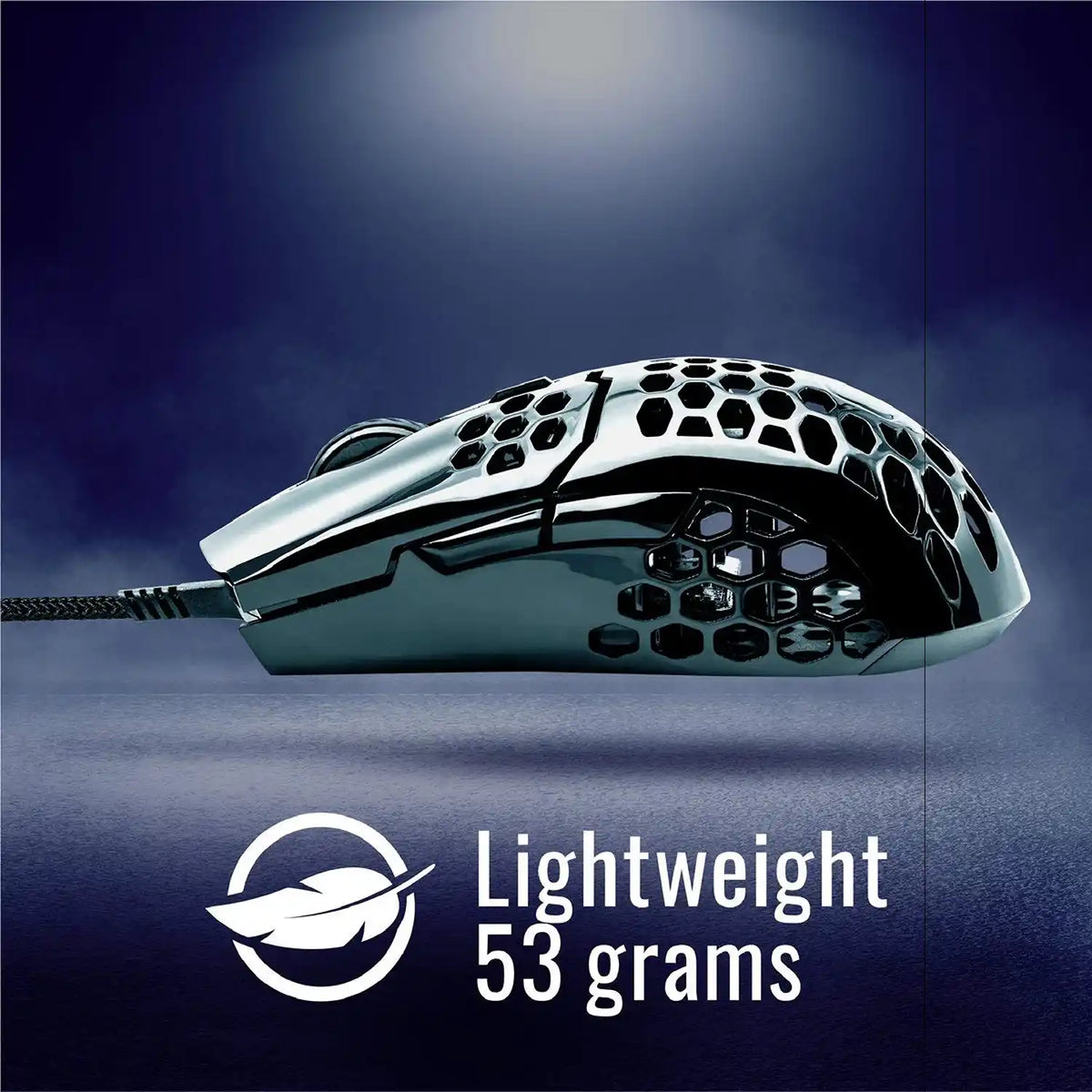 Repacked Cooler Master MM710 Glossy Black Ultra-Lightweight Gaming Mouse side profile view highlighting 53 grams ultra lightweight body -tpstech.in