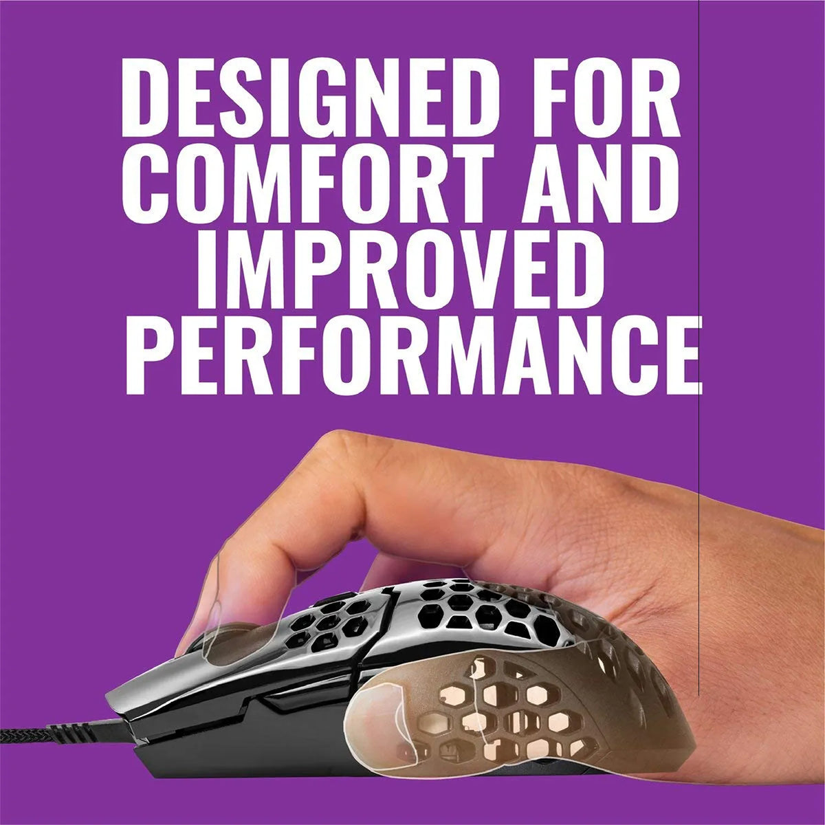 Repacked Cooler Master MM710 Glossy Black Ultra-Lightweight Gaming Mouse hand grip demonstration showing ergonomic shape for improved performance -tpstech.in