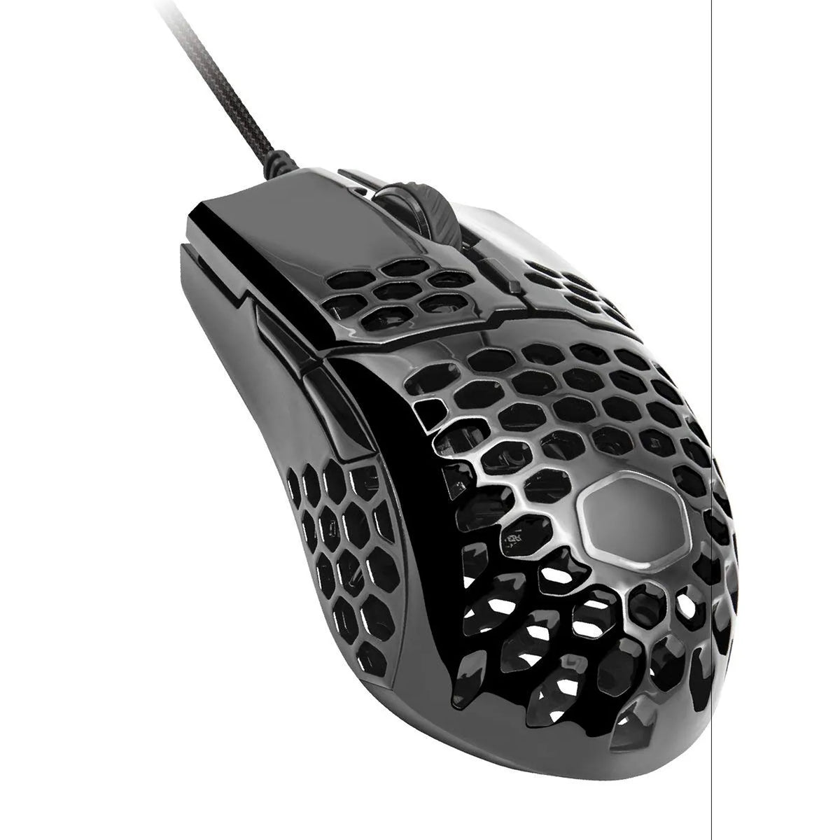 Repacked Cooler Master MM710 Glossy Black Ultra-Lightweight Gaming Mouse perspective angle showing glossy black finish and perforated body -tpstech.in