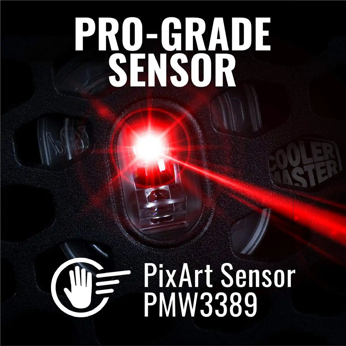 Repacked Cooler Master MM710 Glossy Black Ultra-Lightweight Gaming Mouse close-up view of pro-grade PixArt PMW3389 optical gaming sensor -tpstech.in