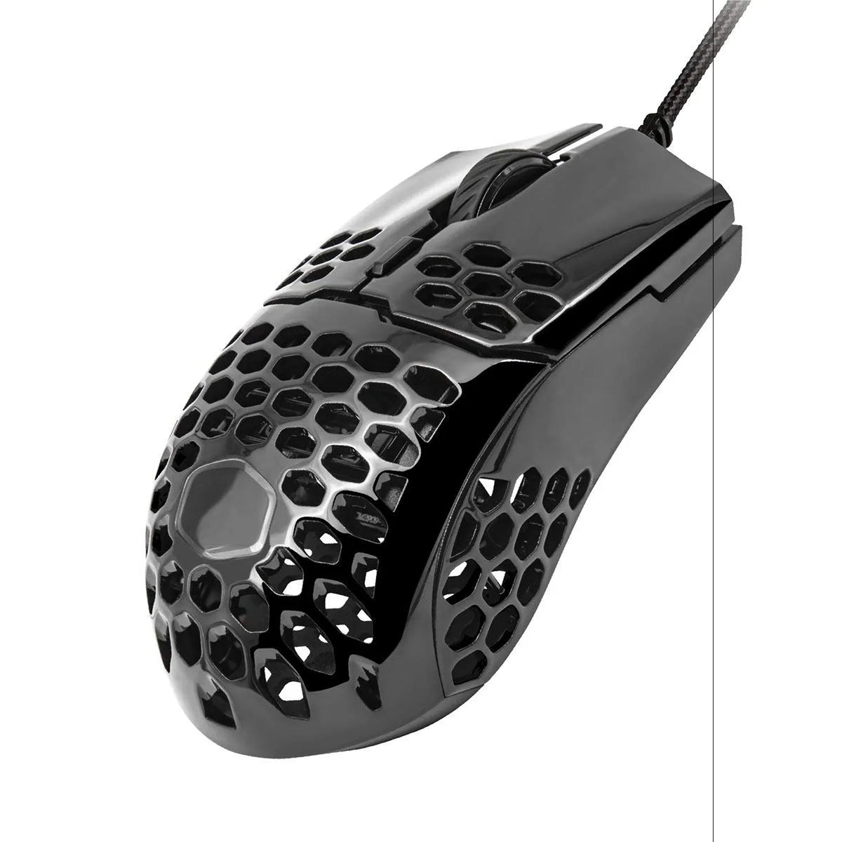 Repacked Cooler Master MM710 Glossy Black Ultra-Lightweight Gaming Mouse angled view displaying ergonomic side grips and lightweight honeycomb design -tpstech.in