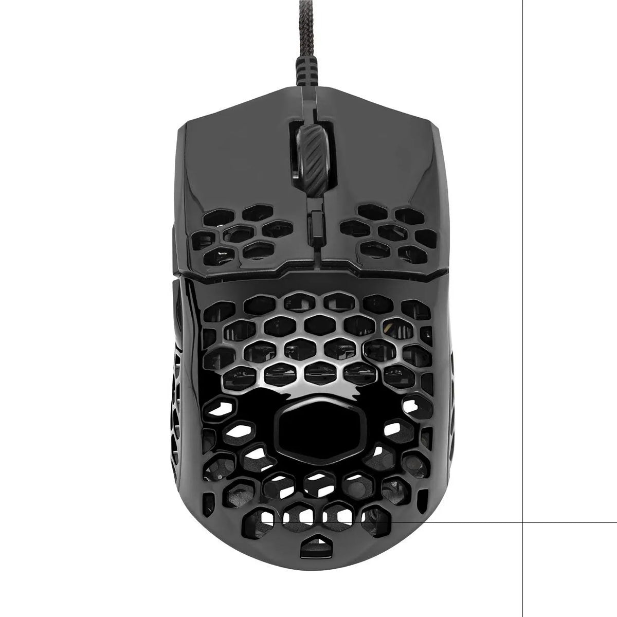 Repacked Cooler Master MM710 Glossy Black Ultra-Lightweight Gaming Mouse straight top view showing glossy honeycomb shell and scroll wheel -tpstech.in