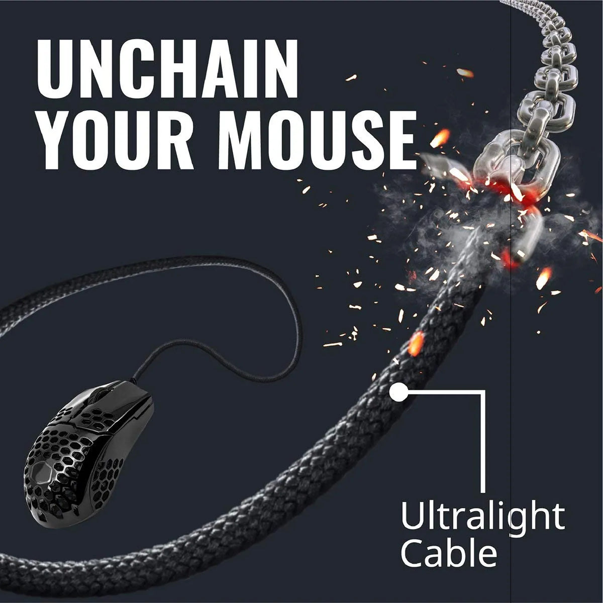 Repacked Cooler Master MM710 Glossy Black Ultra-Lightweight Gaming Mouse unchain your mouse graphic showing flexible ultralight braided cable -tpstech.in