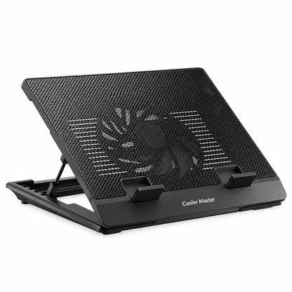 Repacked Cooler Master NotePal ErgoStand Lite Laptop Cooling Pad for 15.6-inch Laptops angled front view displaying metal mesh surface and anti-slip anti-fall tabs -tpstech.in