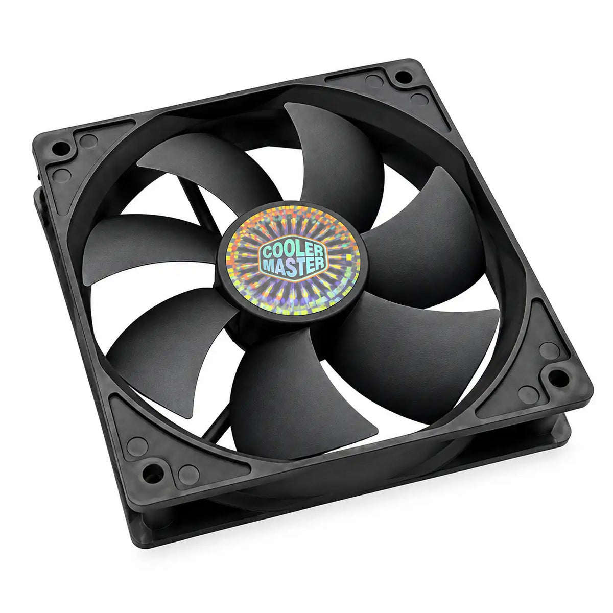 Repacked Cooler Master R4-S2S-124K-GP 120mm Silent Case Fan isometric view showing black blades and holographic logo badge -tpstech.in