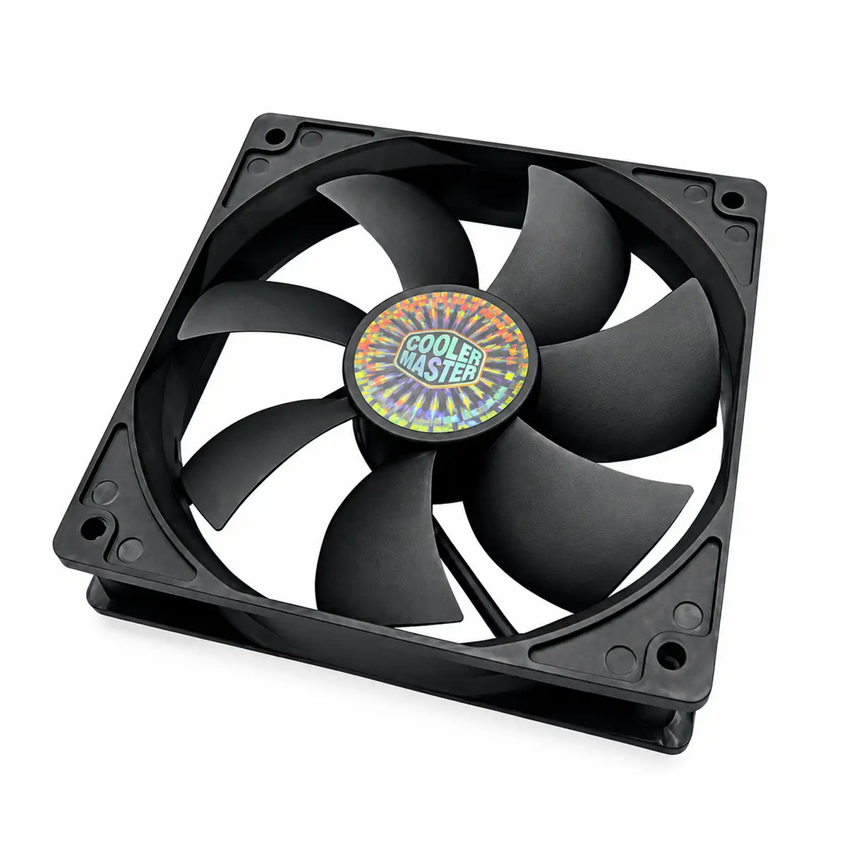 Repacked Cooler Master R4-S2S-124K-GP 120mm Silent Case Fan tilted perspective angle displaying mounting frame and silent curved blades -tpstech.in