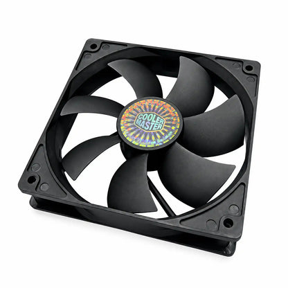 Repacked Cooler Master R4-S2S-124K-GP 120mm Silent Case Fan tilted perspective angle displaying mounting frame and silent curved blades -tpstech.in