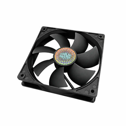 Repacked Cooler Master R4-S2S-124K-GP 120mm Silent Case Fan slanted top-down view showing screw holes and durable plastic frame -tpstech.in