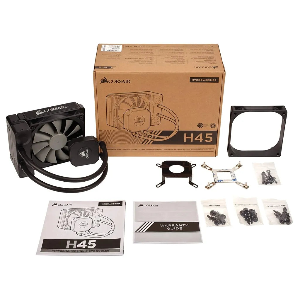 Repacked CORSAIR Hydro H45 Liquid CPU Cooler packaging box with complete accessories manual and warranty guide -tpstech.in