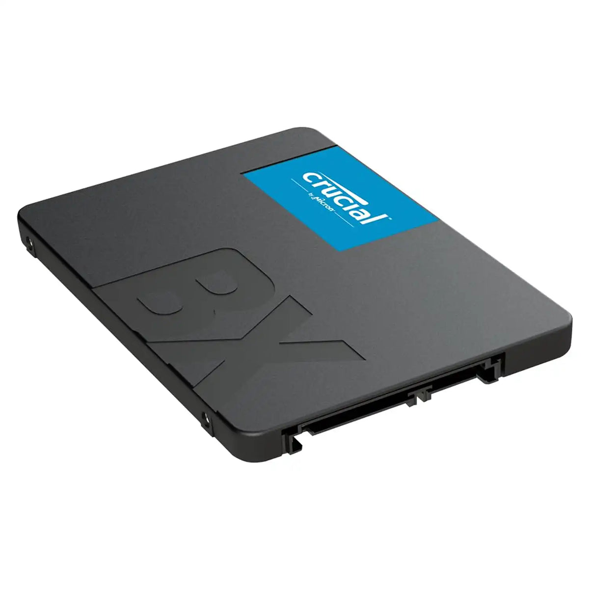 Repacked Crucial BX500 120GB SATA 2.5-inch SSD isometric view displaying slim profile and SATA connector interface -tpstech.in