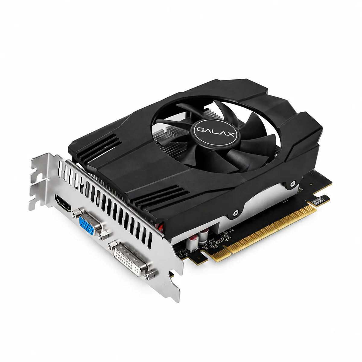 Angled perspective of Repacked Galax GeForce GT 730 4GB DDR3 64-bit Graphics Card with PCIe connector and cooler -tpstech.in