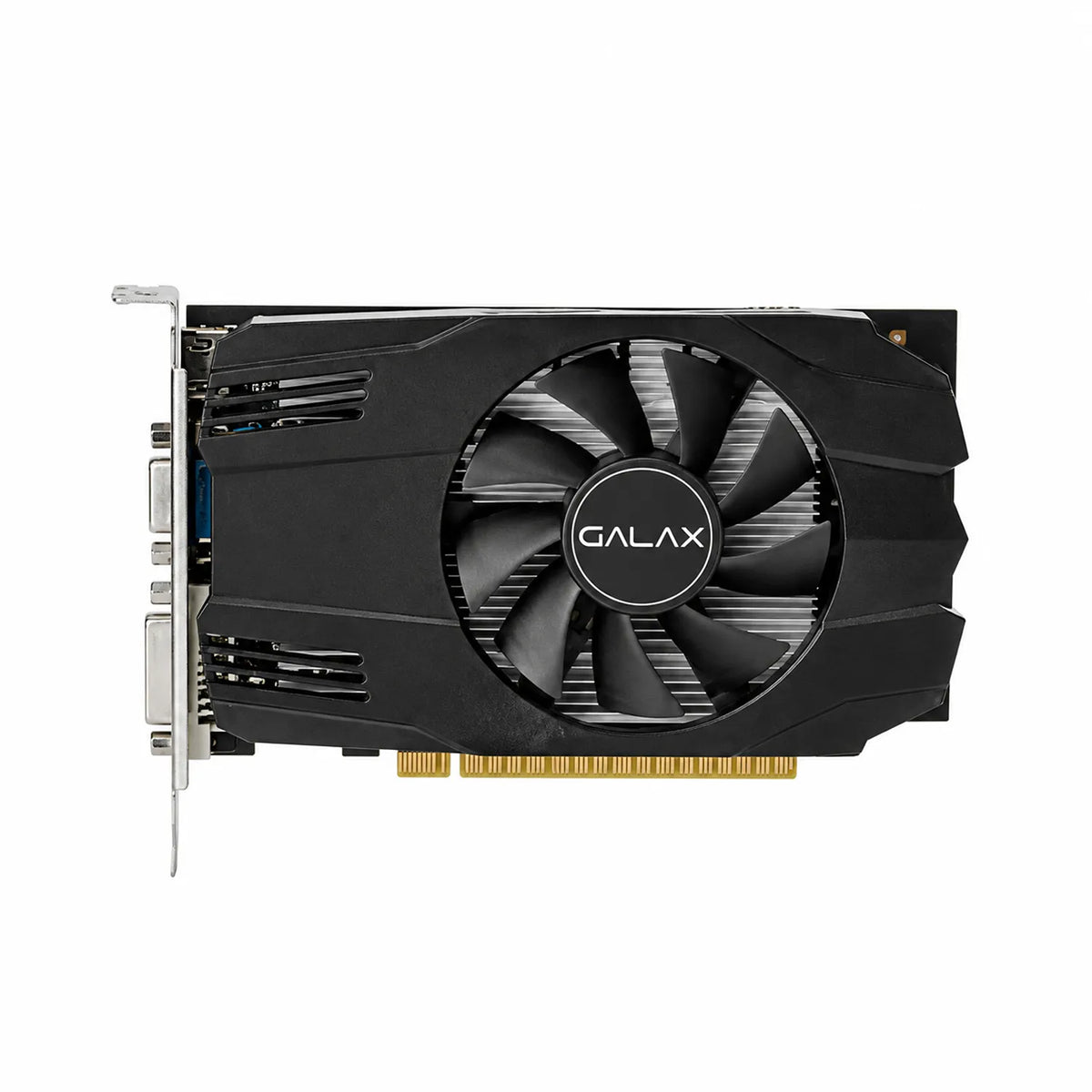 Top view of Repacked Galax GeForce GT 730 4GB DDR3 64-bit Graphics Card showing single cooling fan and black shroud -tpstech.in