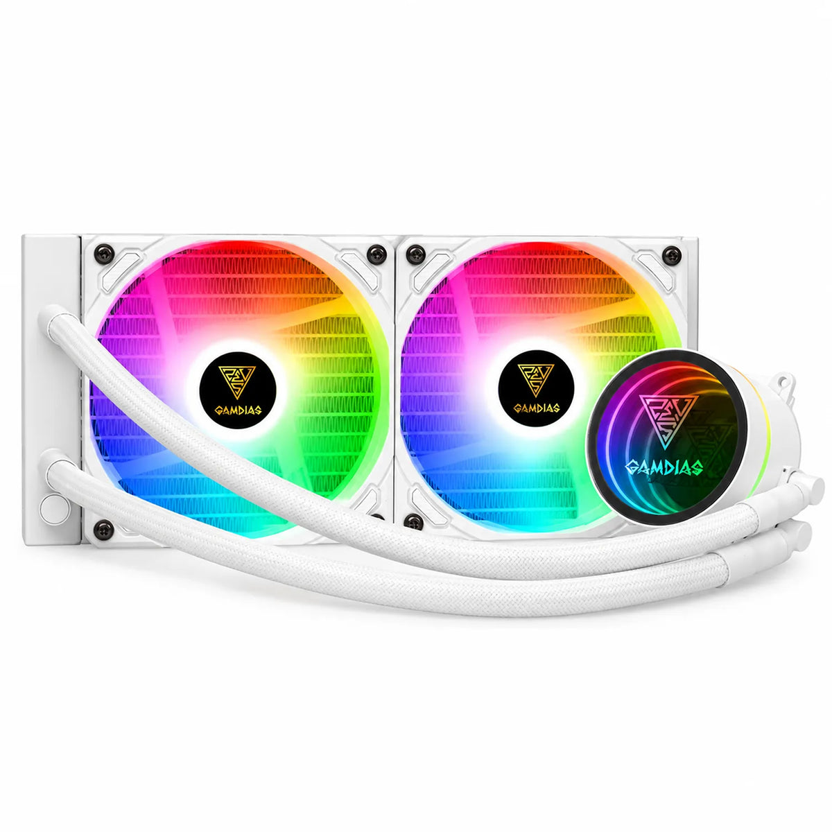 Repacked GAMDIAS CHIONE M3-240W 240W AIO Liquid CPU Cooler front facing view showing illuminated dual fans and infinity pump block -tpstech.in