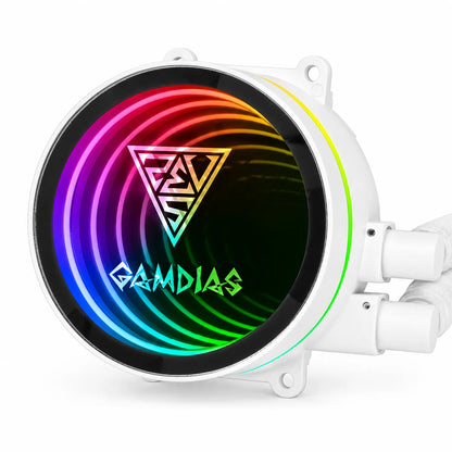 Repacked GAMDIAS CHIONE M3-240W 240W AIO Liquid CPU Cooler close up of infinity mirror ARGB pump head with Gamdias logo -tpstech.in
