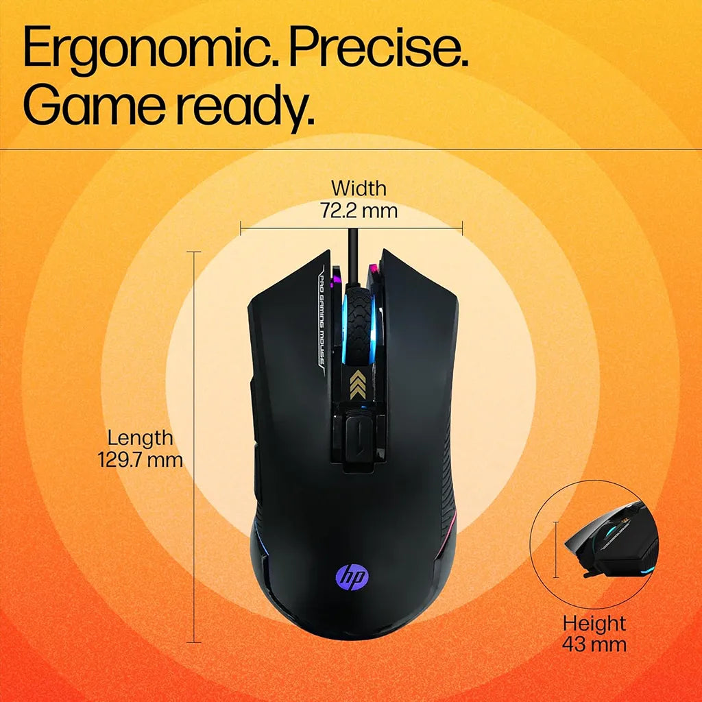 Repacked HP G360 RGB Wired Gaming Mouse length width and height dimensions chart -tpstech.in