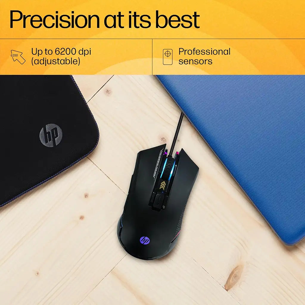 Repacked HP G360 RGB Wired Gaming Mouse with 6200 DPI precision sensor on desk setup -tpstech.in