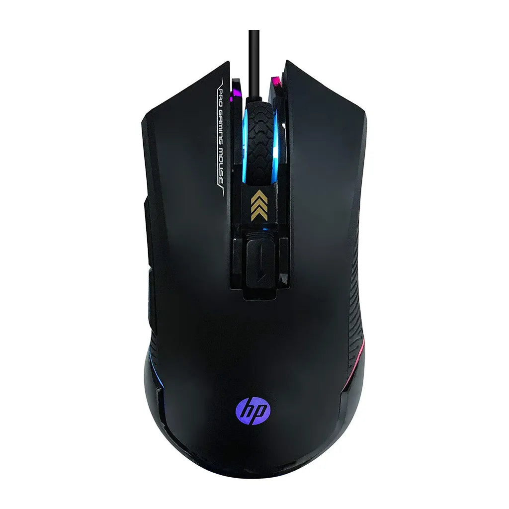 Repacked HP G360 RGB Wired Gaming Mouse front angled view with scroll wheel lighting -tpstech.in