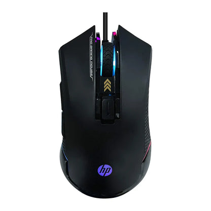 Repacked HP G360 RGB Wired Gaming Mouse front angled view with scroll wheel lighting -tpstech.in