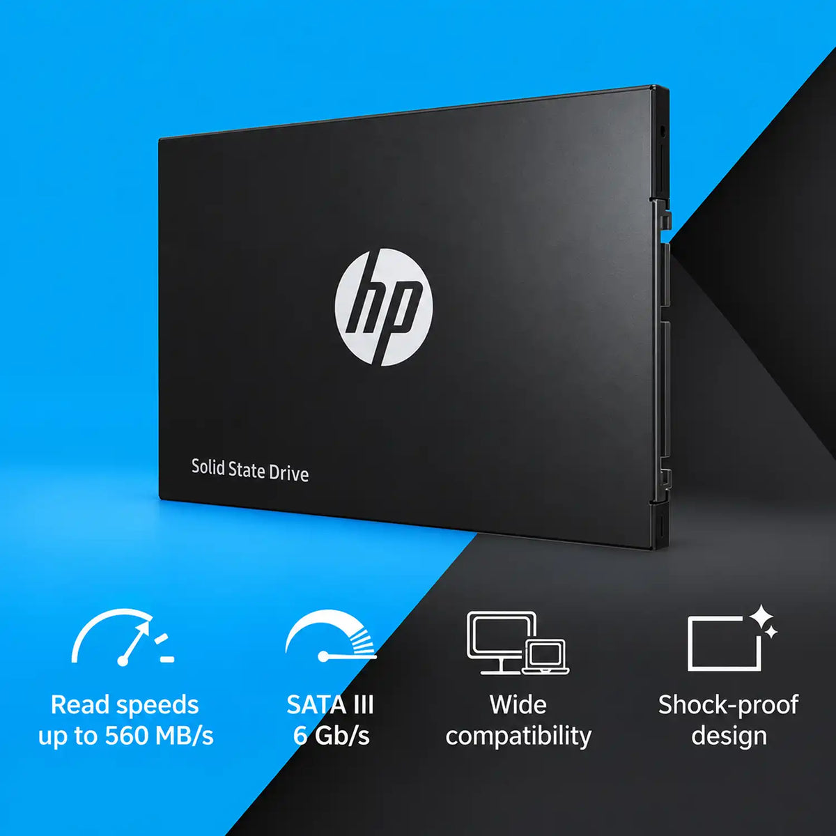 Repacked HP S700 500GB SATA SSD 2.5-Inch High Speed Storage showing SATA III 6 Gbps wide compatibility and shock proof design -tpstech.in