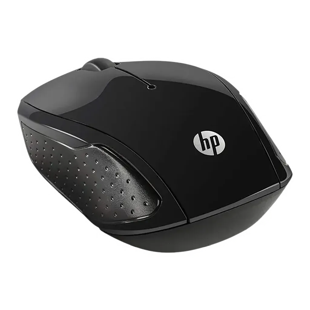 Repacked HP Wireless Mouse 200 black ergonomic optical mouse angled view -tpstech.in