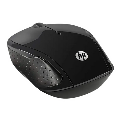 Repacked HP Wireless Mouse 200 black ergonomic optical mouse angled view -tpstech.in