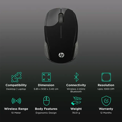 Repacked HP Wireless Mouse 200 key features and specifications infographic -tpstech.in