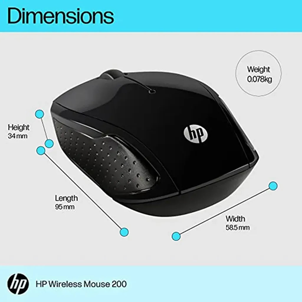 Repacked HP Wireless Mouse 200 length width height and weight specifications chart -tpstech.in