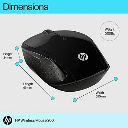 Repacked HP Wireless Mouse 200 length width height and weight specifications chart -tpstech.in