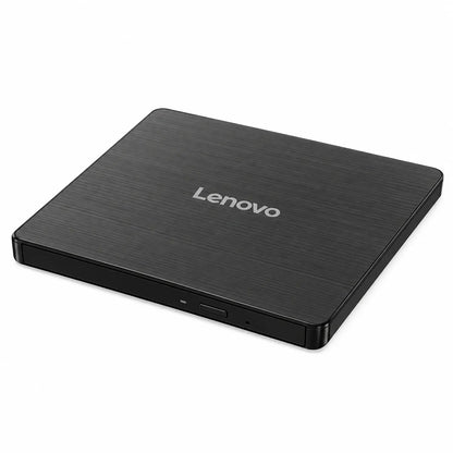 Repacked Lenovo DB65 Slim DVD Burner USB Optical Drive isometric side view displaying ultra-thin black casing -tpstech.in