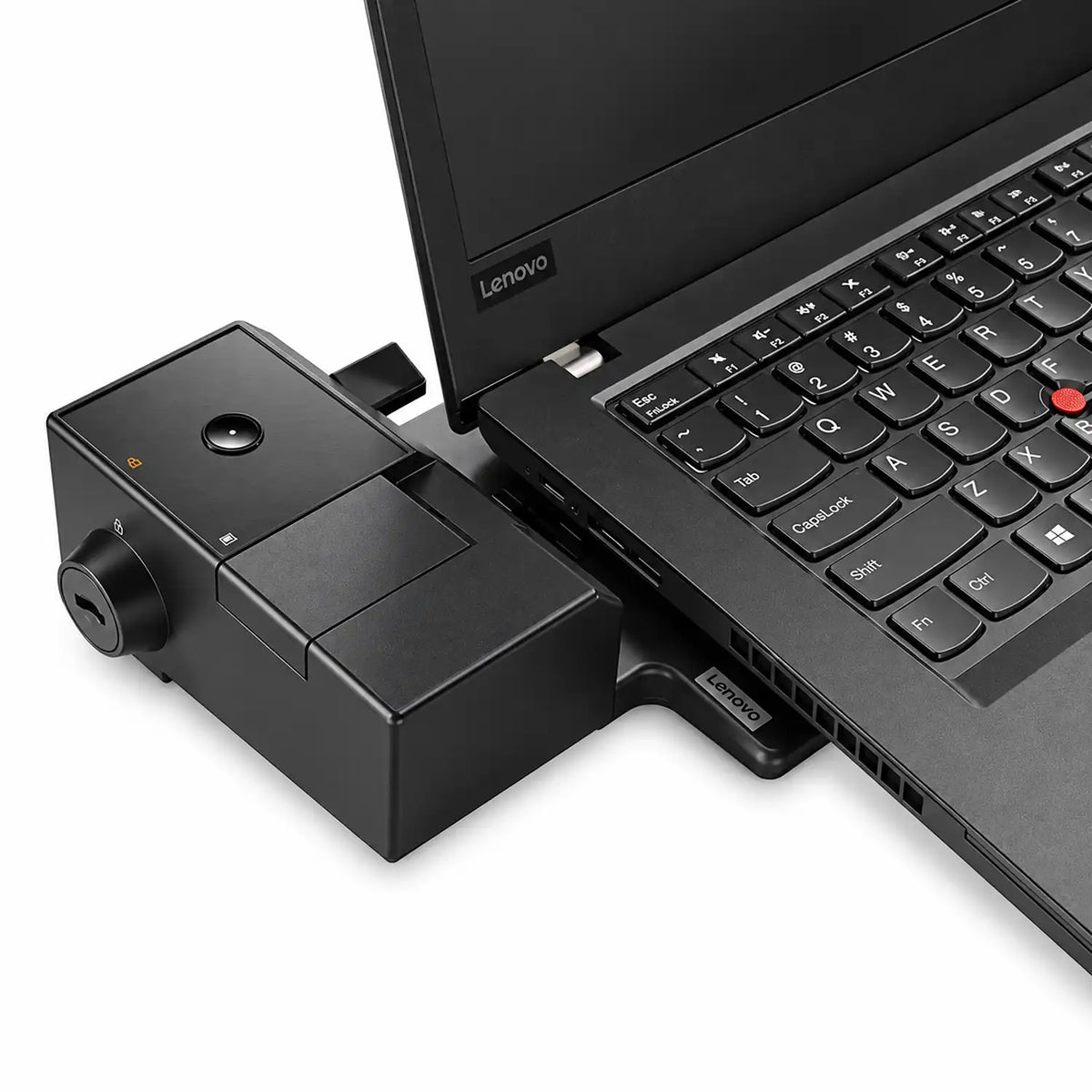 Repacked Lenovo ThinkPad Ultra Dock 170W Docking Station attached to ThinkPad laptop showing key lock and power switch -tpstech.in