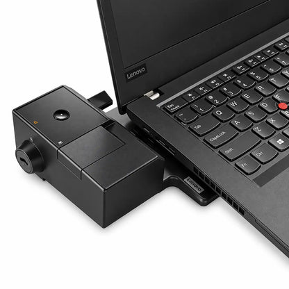Repacked Lenovo ThinkPad Ultra Dock 170W Docking Station attached to ThinkPad laptop showing key lock and power switch -tpstech.in