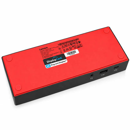 Repacked Lenovo USB-C USB 3.0 Port Docking Station 135W red non-slip base showing DisplayLink certification label and specifications -tpstech.in