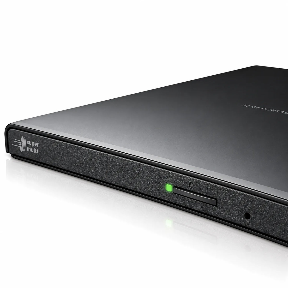Repacked LG GP65NB60 Portable DVD Writer with M-DISC Support close-up of illuminated LED indicator and eject button -tpstech.in