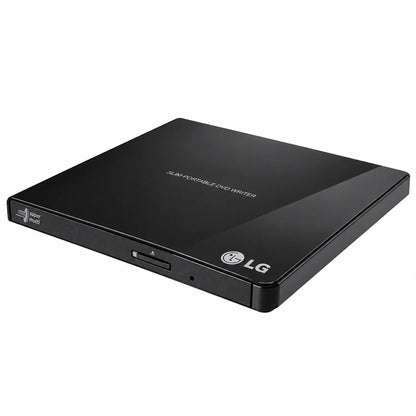 Repacked LG GP65NB60 Portable DVD Writer with M-DISC Support perspective right angle view showing glossy finish and LG logo -tpstech.in