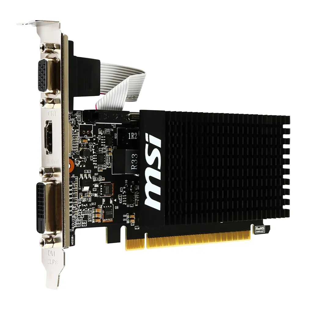 Repacked MSI GT 710 2GB DDR3 Low Profile Graphics Card angled front view showing passive heatsink and bracket -tpstech.in