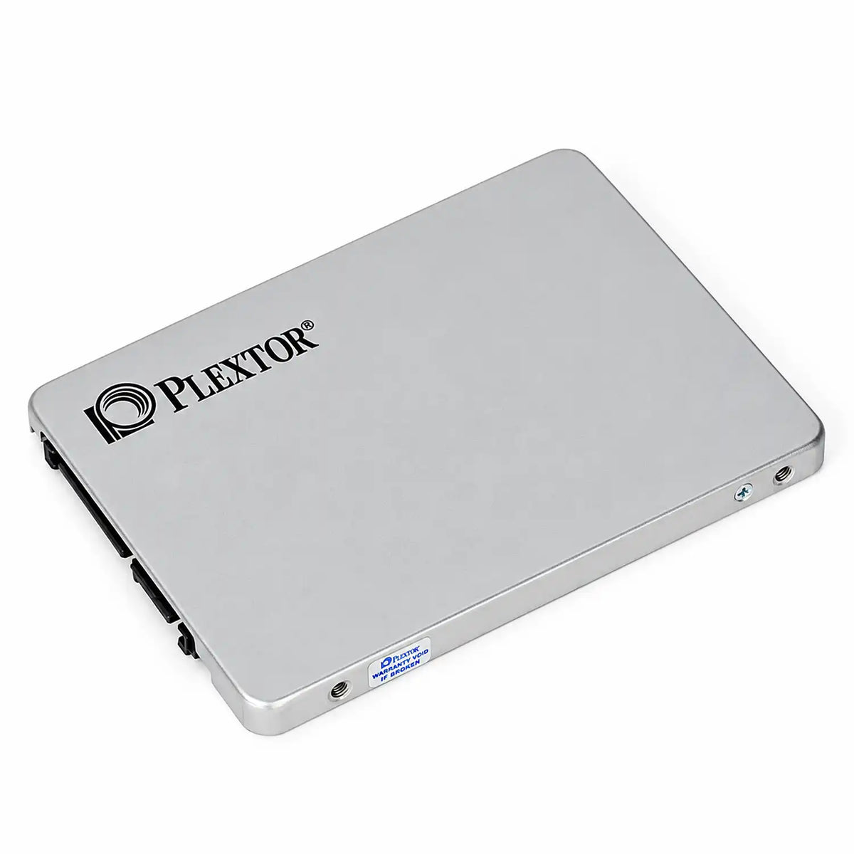 Repacked Plextor 128GB SATA SSD with 550MB/s Read Speed angled view showing brushed silver casing and warranty seal -tpstech.in