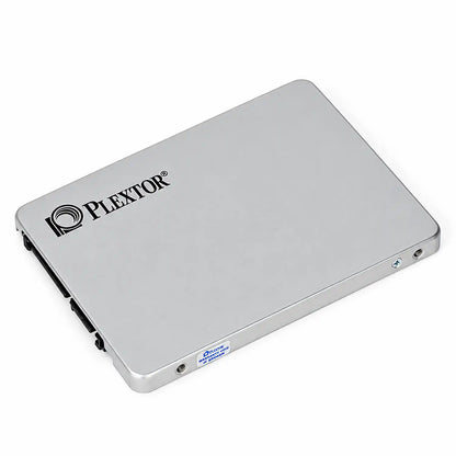 Repacked Plextor 128GB SATA SSD with 550MB/s Read Speed angled view showing brushed silver casing and warranty seal -tpstech.in