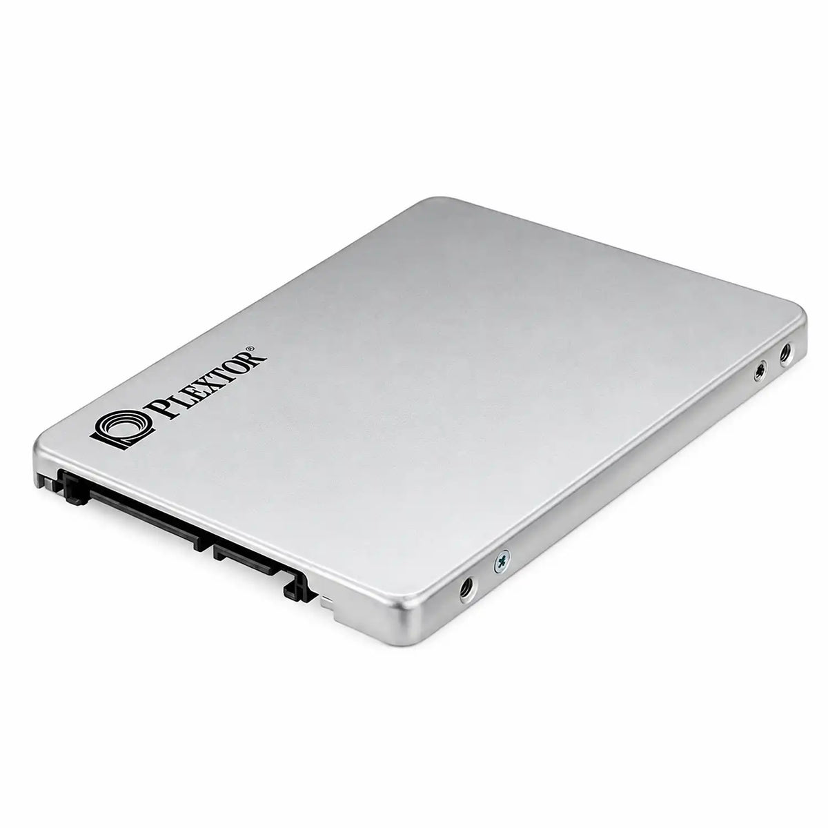 Repacked Plextor 128GB SATA SSD with 550MB/s Read Speed perspective profile displaying slim 2.5-inch form factor and side mounting holes -tpstech.in