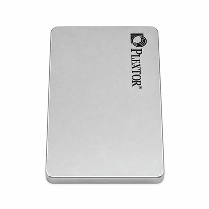 Repacked Plextor 128GB SATA SSD with 550MB/s Read Speed vertical orientation highlighting metallic finish and logo -tpstech.in