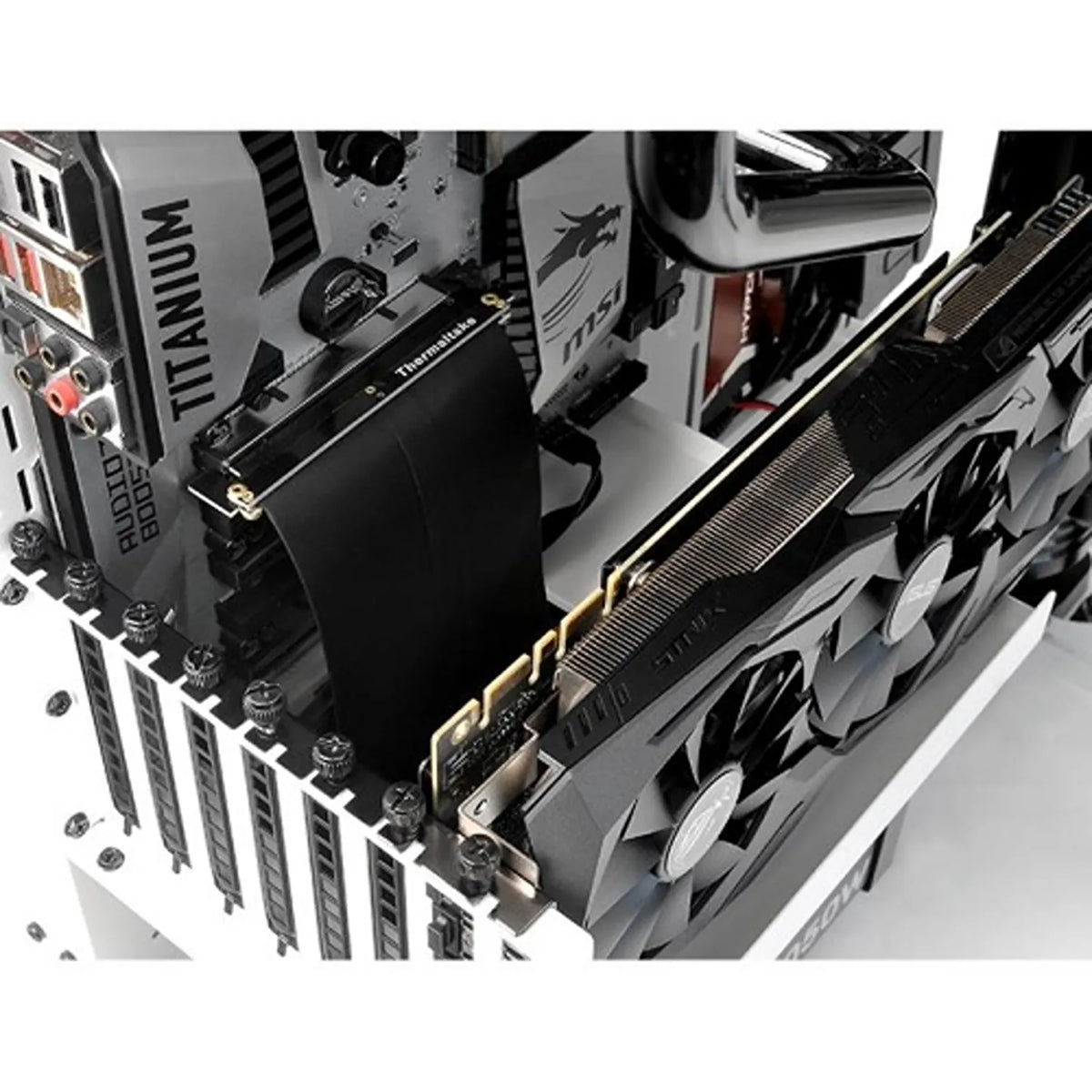 Vertical graphics card installation inside computer case using Repacked Thermaltake Gaming PCI-E 3.0 X16 Riser Cable 200mm for PCIe 3.0 GPUs -tpstech.in