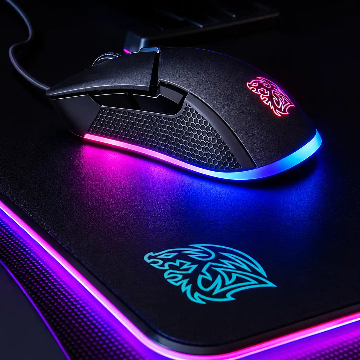 Repacked Thermaltake Tt eSPORTS Iris RGB 5000 DPI Optical Gaming Mouse placed on RGB mouse pad -tpstech.in