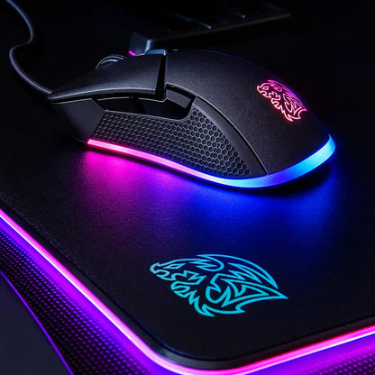 Repacked Thermaltake Tt eSPORTS Iris RGB 5000 DPI Optical Gaming Mouse placed on RGB mouse pad -tpstech.in