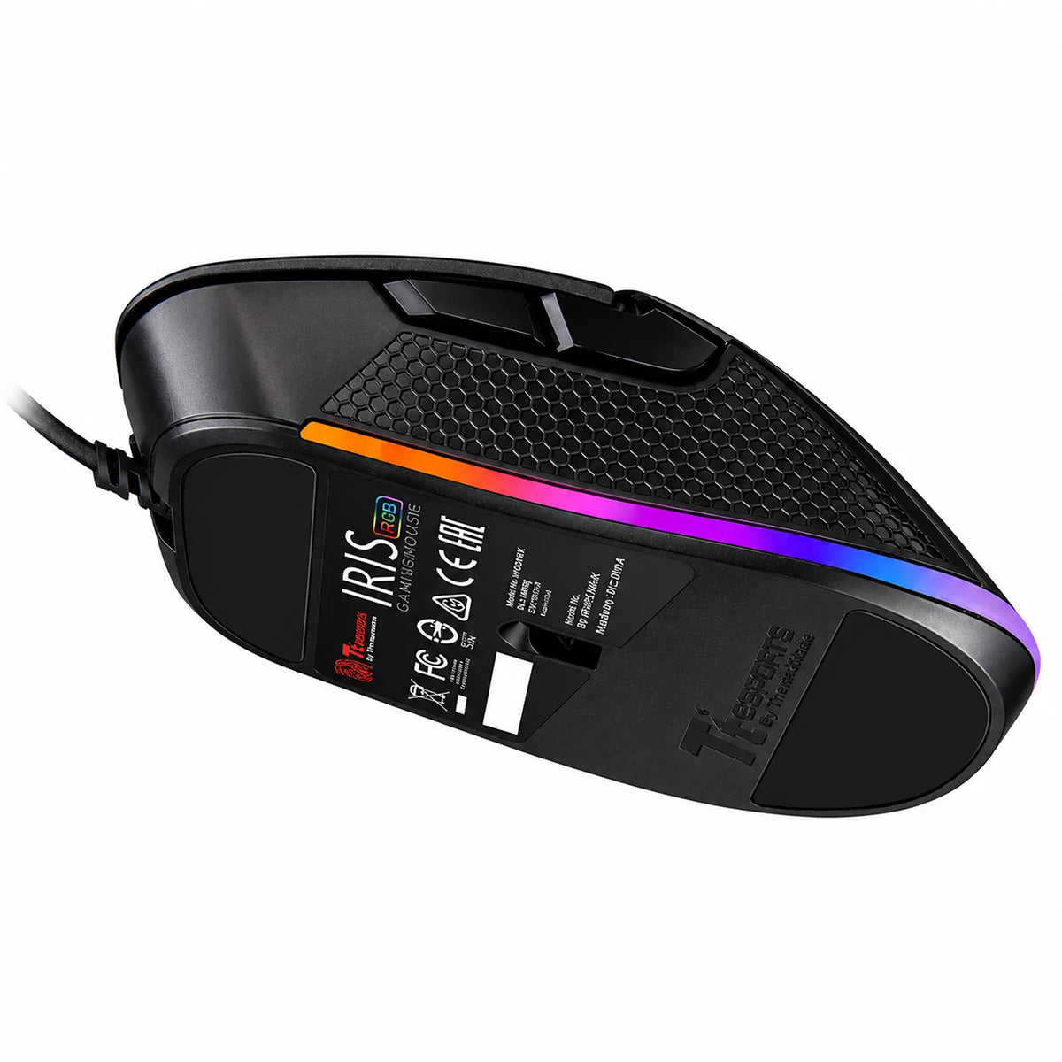 Repacked Thermaltake Tt eSPORTS Iris RGB 5000 DPI Optical Gaming Mouse underside showing optical sensor and mouse feet -tpstech.in