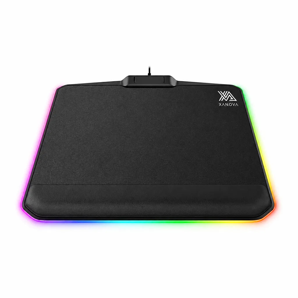 Repacked Xanova Deimos Luxe-SR RGB Gaming Mouse Pad front view with integrated wrist rest and RGB edge lighting -tpstech.in
