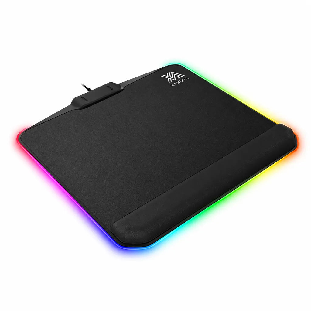 Left angled perspective view of Repacked Xanova Deimos Luxe-SR RGB Gaming Mouse Pad with padded wrist rest -tpstech.in