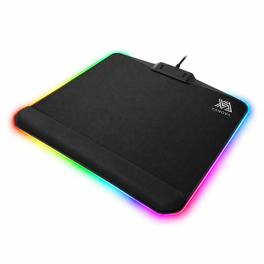 Right angled view of Repacked Xanova Deimos Luxe-SR RGB Gaming Mouse Pad featuring wrist support and cable hub -tpstech.in
