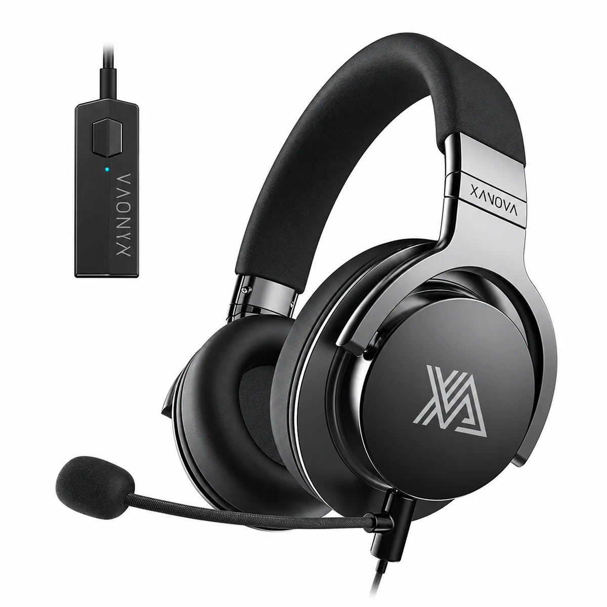 Repacked XANOVA Juturna-U Gaming Headset with Virtual 7.1 Surround Sound angled view with detachable microphone and USB sound card -tpstech.in