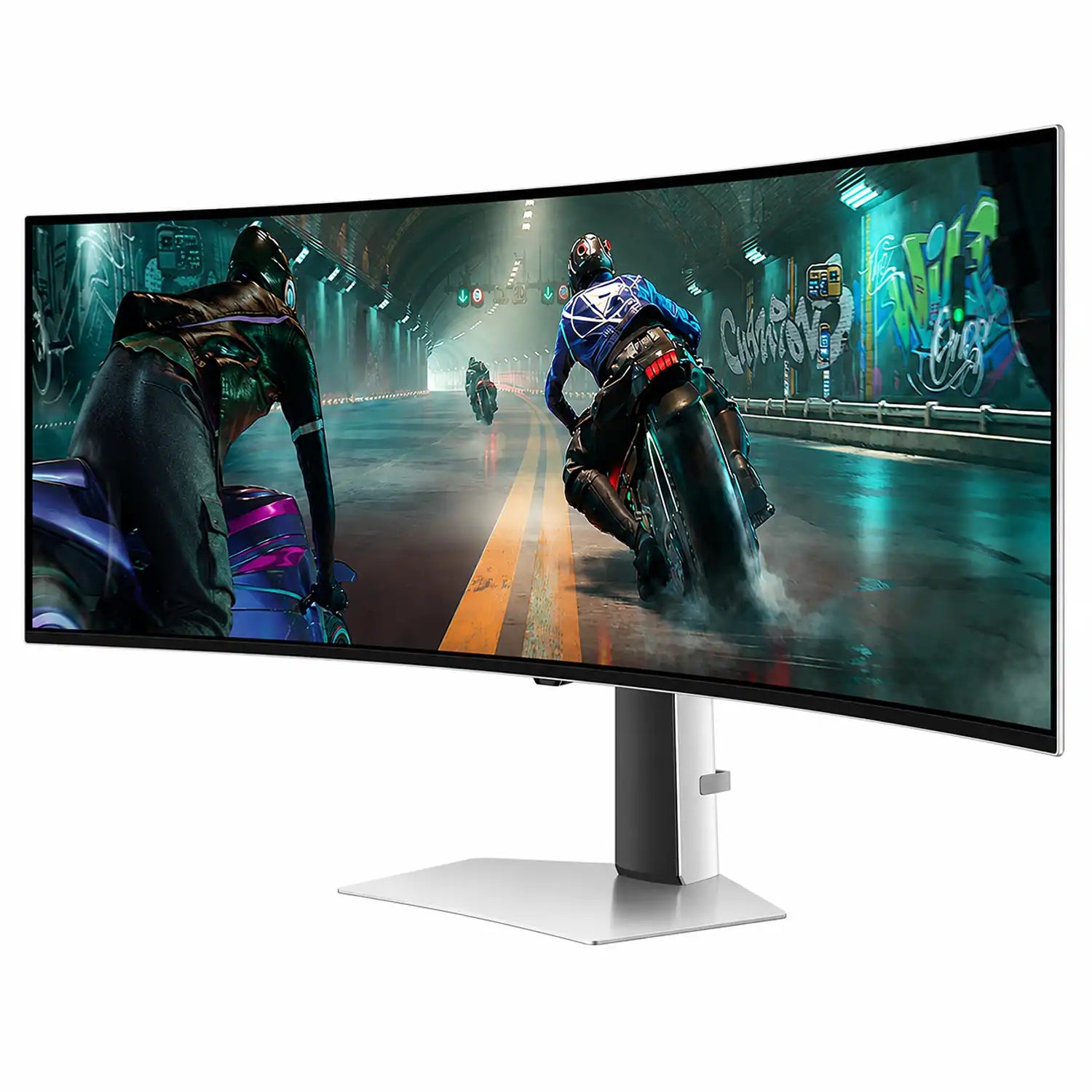Samsung 49 inch Odyssey OLED G9 curved OLED gaming monitor front view displaying an immersive ultra-wide gaming scene -tpstech.in