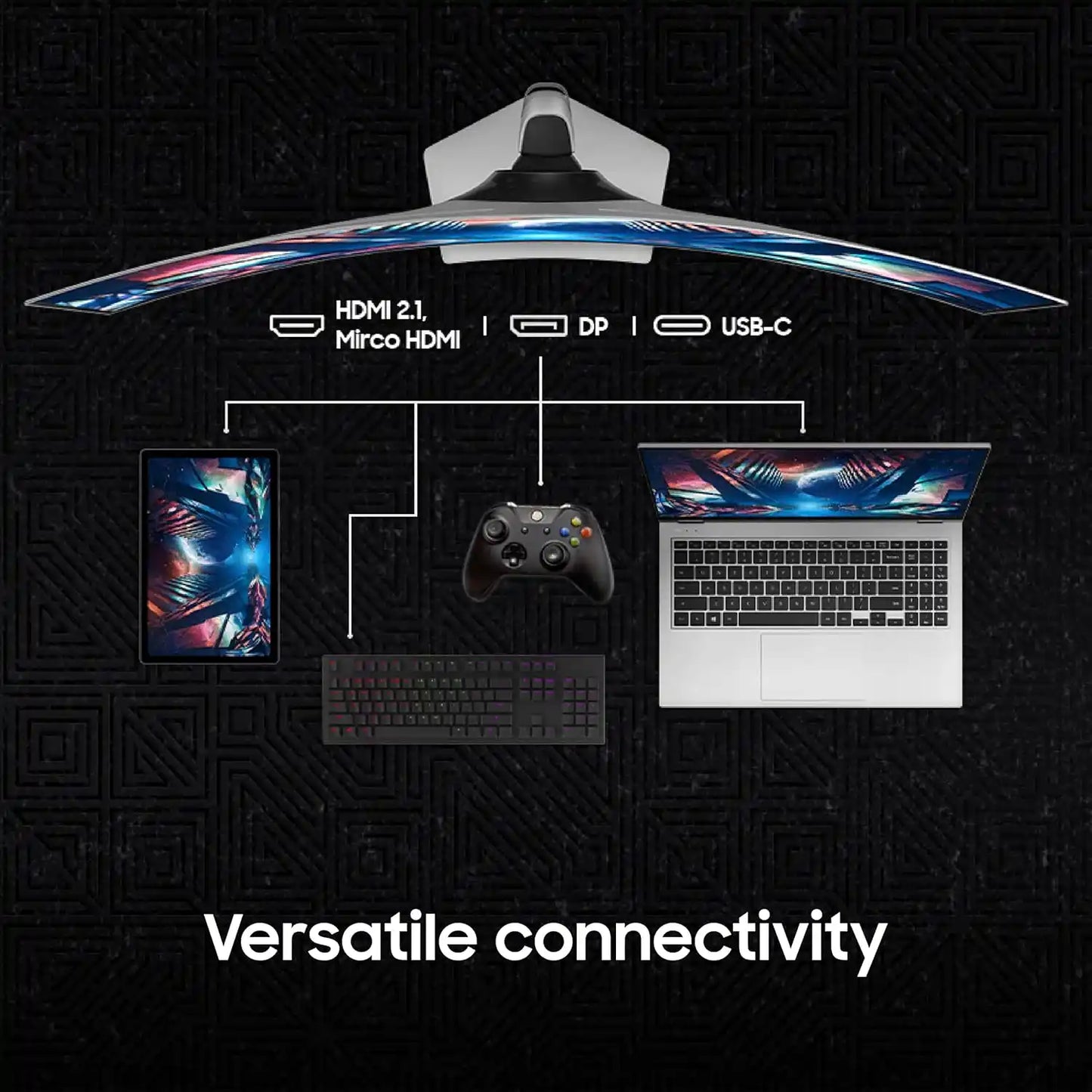 Samsung 49 inch Odyssey OLED G9 gaming monitor showing HDMI 2.1, DisplayPort and USB Type-C connectivity -tpstech.in