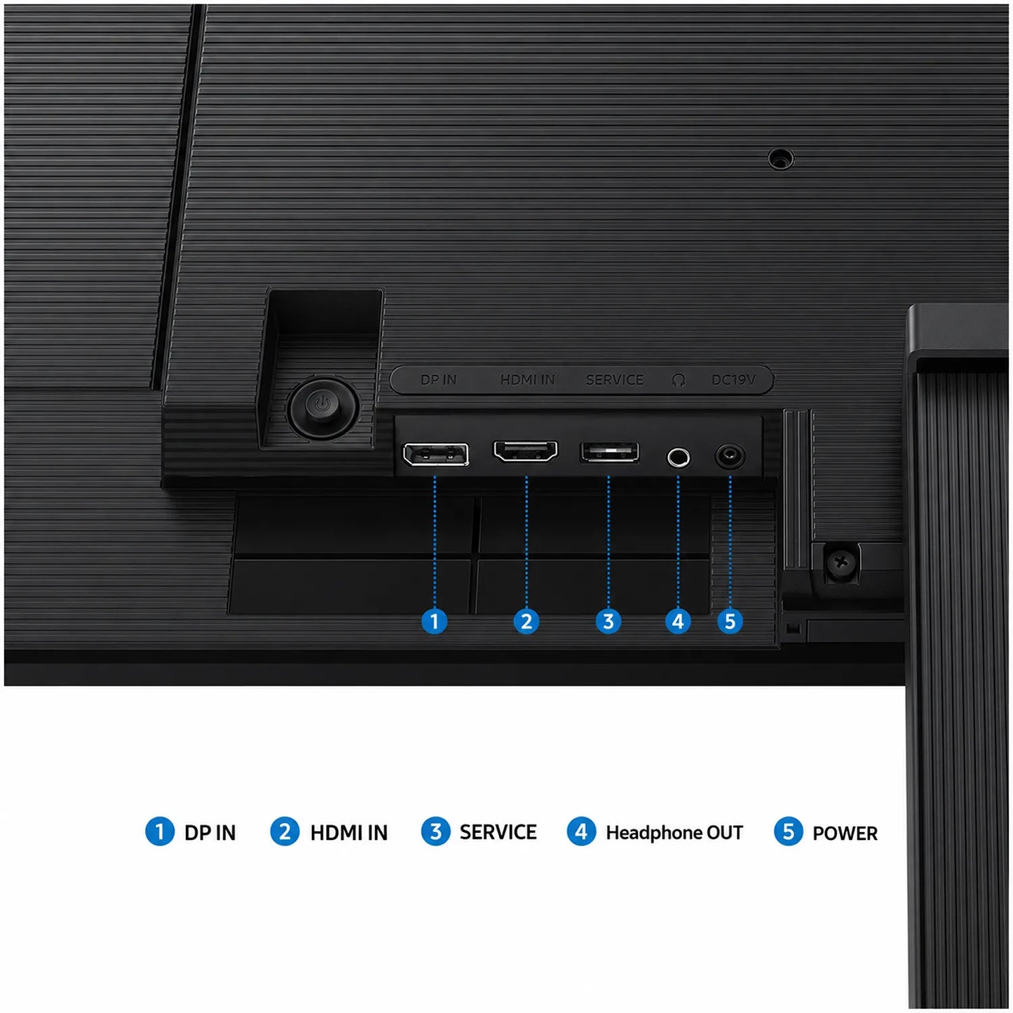 Samsung LS27H700EAWXXL monitor rear ports showing DisplayPort, HDMI, service port, headphone output and power connection -tpstech.in